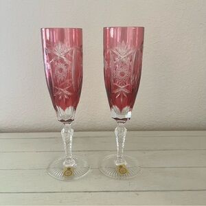 Nachtmann Traube Cranberry Cut to Clear Crystal Champagne Fluted Glasses Set
